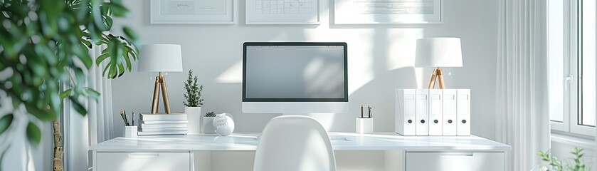 Modern Minimalist Home Office with Natural Light and Greenery
