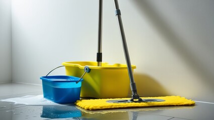Cleaning set with a mop and bucket placed on a light-colored floor, ready for housework
