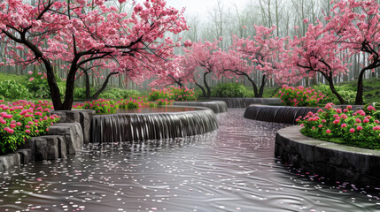 A serene garden scene featuring a meandering stream surrounded by blooming pink trees and vibrant wildflowers under a blue sky.