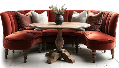 A corner booth with red velvet cushions and a round table.