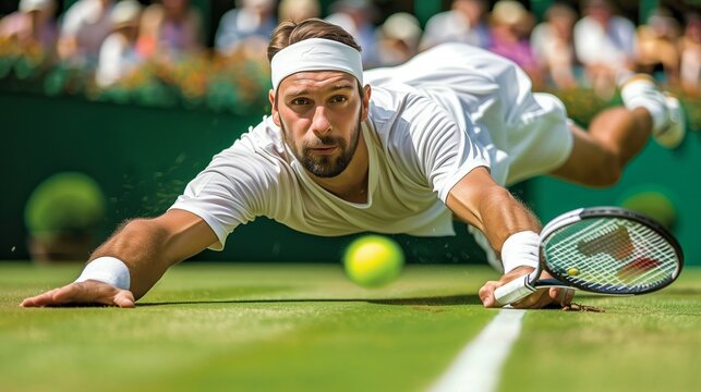 A tennis player intensely dives forward, fully extended, to reach a ball during a match on a grass court.