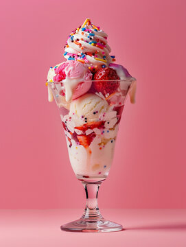 A delicious tall strawberry sundae against a pink background