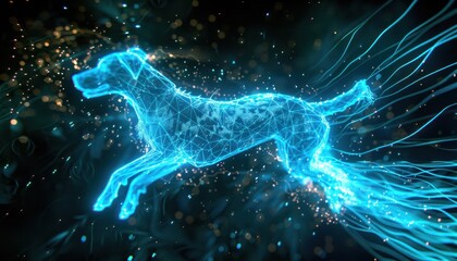 Digital Blue Dog Leaping Through Abstract Space