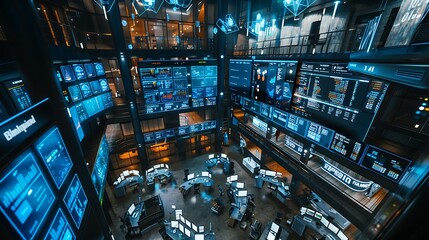 A high-angle view of a busy trading floor with digital displays