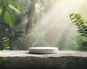 Minimalist concrete pedestal in lush green jungle with sunlight streaming through leaves. Perfect for nature-themed product displays.