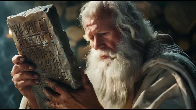 Moses Studying Ancient Stone Tablet with Biblical Scenes and Wisdom