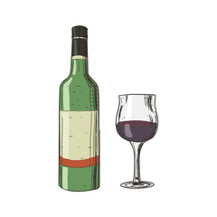 wine and glass in vintage hand drawn style