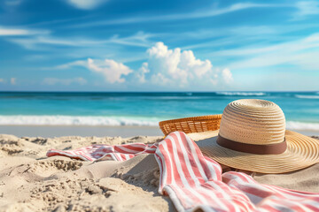 sea blue sky, picnic with cute basket, background and wallpaper the beach