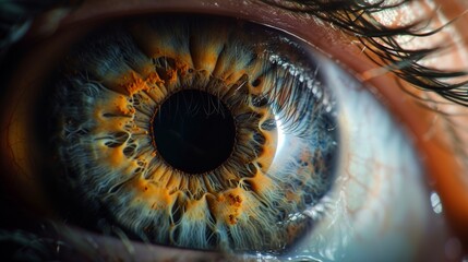 Close up photo of one side eye, colorful, beauty pupil.
