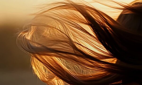 A woman's long hair is blowing in the wind. The hair is golden and flowing, creating a sense of movement and freedom. The image conveys a feeling of natural beauty and the power of the wind to shape