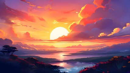 orange and pink magenta sunset in the sea. Summer beautiful panoramic landscape background