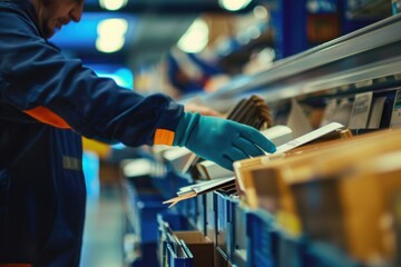 Post office clerk sorting mail during busy day, with copy space