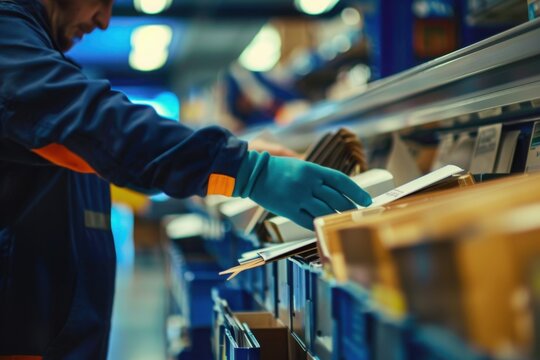 Post office clerk sorting mail during busy day, with copy space