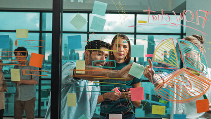 Professional business team brainstorm, sharing, thinking idea while skilled male leader write on...