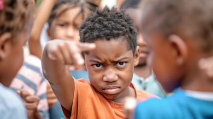 Obraz premium Crying African-American schoolboy boy stands in the center of the crowd. Bullying outcast problems of not being accepted in a school environment between classmates bullying a child