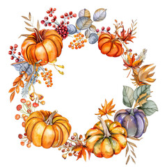 illustration of a wreath of autumn leaves and pumpkin on the transparent background. generative ai
