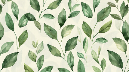 Abstract green leaves pattern, retro style, on beige background. Minimalist design in the style of watercolor painting