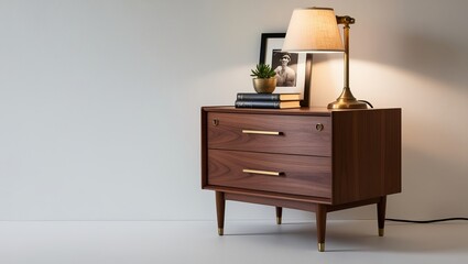 A modern wooden nightstand with a lamp, plants, and decor items, creating a cozy and stylish bedside setup.