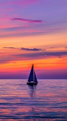 Sailboat at sunset on calm ocean waters with colorful sky, tranquil seascape. Serenity and maritime adventure concept