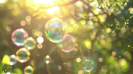 Soap Bubbles Floating in Sunlit Garden with Bokeh Effect..