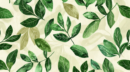 Green leaves pattern, green and beige tones, in the style of hand drawn, in the style of watercolor painting