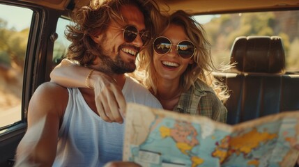 Fototapeta premium Couple Looking at a Map in a Car on a Road Trip