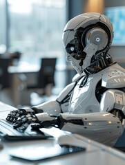 Artificial Intelligence Robot Working on a Computer