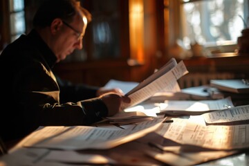 Tax preparer surrounded by paperwork, with copy scape