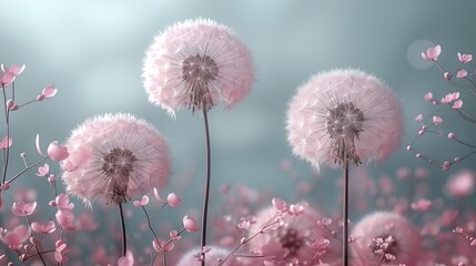 Obraz premium pampas grass and dandelions on a soft gray gradient background, with white fluffy flower petals