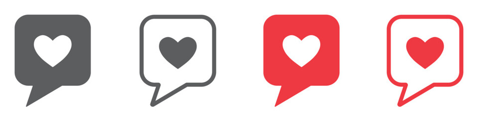 Set of love heart bubble speech icons. Speech bubble with heart, message dialog button, romantic symbol. Love social media message, follow internet button. Vector. EPS10.