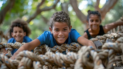 Kids navigating an outdoor obstacle course, climbing, crawling, and jumping, emphasizing fun and physical activity.