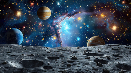 Naklejka premium A stunning cosmic landscape featuring various planets and a vibrant starry sky, viewed from a moon-like surface with craters and rocks.