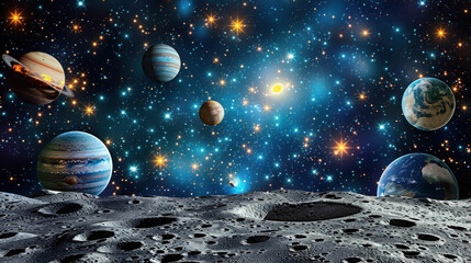 A stunning cosmic landscape featuring various planets and a vibrant starry sky, viewed from a moon-like surface with craters and rocks.