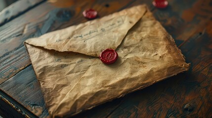 vintage, crumpled envelope sealed with red wax sits on a rustic wooden surface