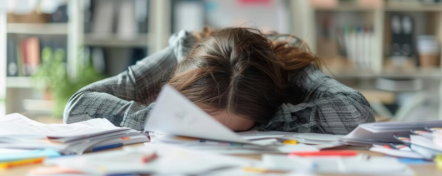 Cropped view of person with head down on desk, scattered papers around, photorealistic, work exhaustion, deadlines looming