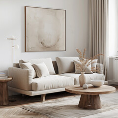Capturing the unique blend of functionality and style in a living room adorned with minimalist scandinavian sofa furniture. 