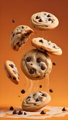 Obraz premium Delicious stack of chocolate chip cookies in the air like advertising creative, solid bold color background,