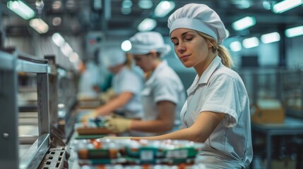 European Workers in Work Clothes Busy Packing and Labeling Products on a Modern Production Line