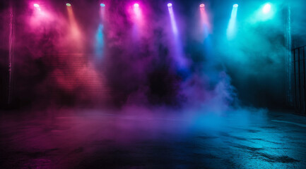 Empty dark room with colorful neon lights and smoke on the floor,spotlight on stage, abstract background with lights,  spotlight on stage Vibrant Stage Lights with Fog Dynamic Concert Lighting 