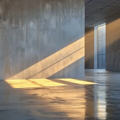 A minimalist interior featuring concrete walls and polished floors illuminated by sunlight, ideal for modern design concepts and architectural inspiration.