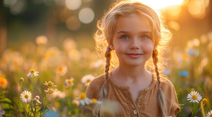 Fototapeta premium A girl in a flower field, created with the help of generative AI technology.
