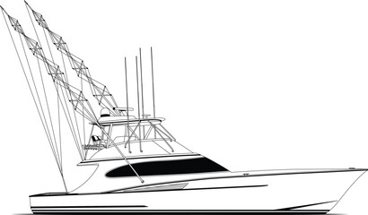 Sport fishing boat vector line art illustration and one-color