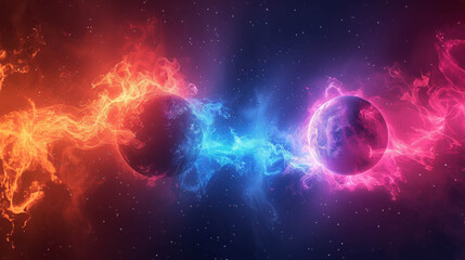 Obraz premium A dramatic cosmic scene featuring two planets in a vibrant clash of fiery orange and icy blue energy streams, set against a starry space background.