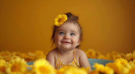 A little girl on a yellow background, created with the help of generative AI technology.