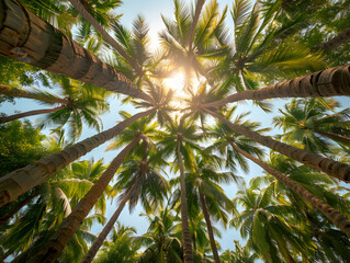 Obraz premium Alley of palm trees along the road, view from below. Neural network AI generated art