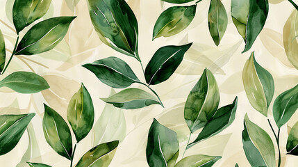 Green leaves in the style of watercolor, a green and beige color palette