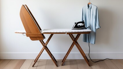 Modern laundry setup with an ironing board and hanging clothes, creating an organized and functional space for efficient household chores