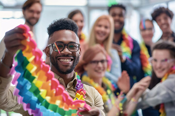Obraz premium Vibrant office party for LGBT celebration, showcasing a diverse group, rainbow flags, and an array of colorful balloons and streamers
