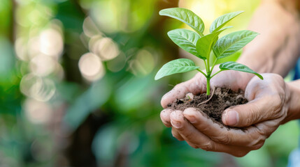 Hands holding a young green plant with soil, symbolizing growth, sustainability, and environmental responsibility in a natural setting