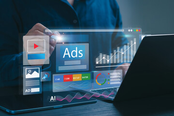 Digital marketing commerce online sale  concept, Businessman using laptop with Ads dashboard digital marketing strategy analysis for branding. online advertisement, ad on website and social media.